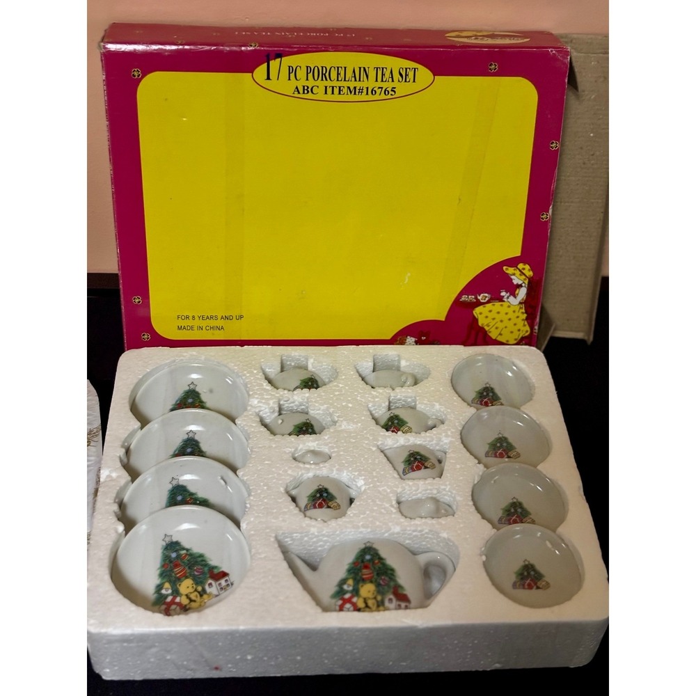 Vintage ABC Child's Christmas Teddy Bear 17 Pc Porcelain Miniature Tea Set New